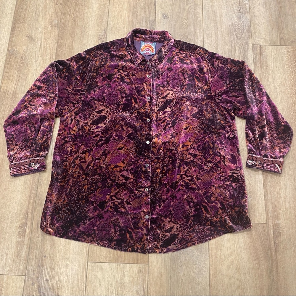 Johnny Was Velvet Button-Down Shirt in Plum, Burgundy & Rust